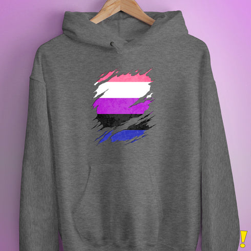 Genderfluid Pride Flag Ripped Reveal Hoodie - Grey Heather